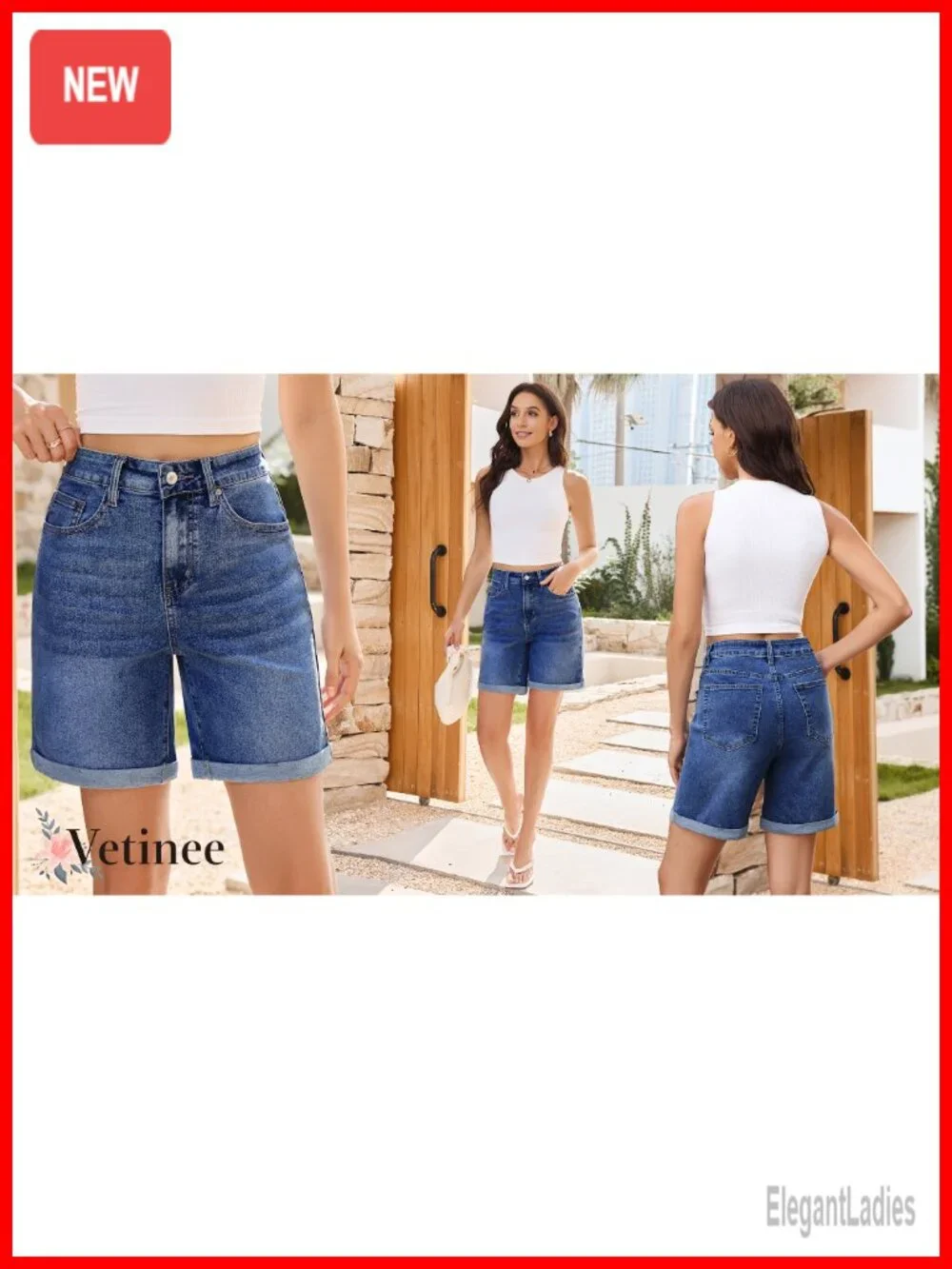 High Waisted Stretch Denim Shorts with Fold Hem 7 Inch Inseam